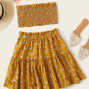 Lettuce Frill Shirred Tube Top With Ditsy Floral Skirt